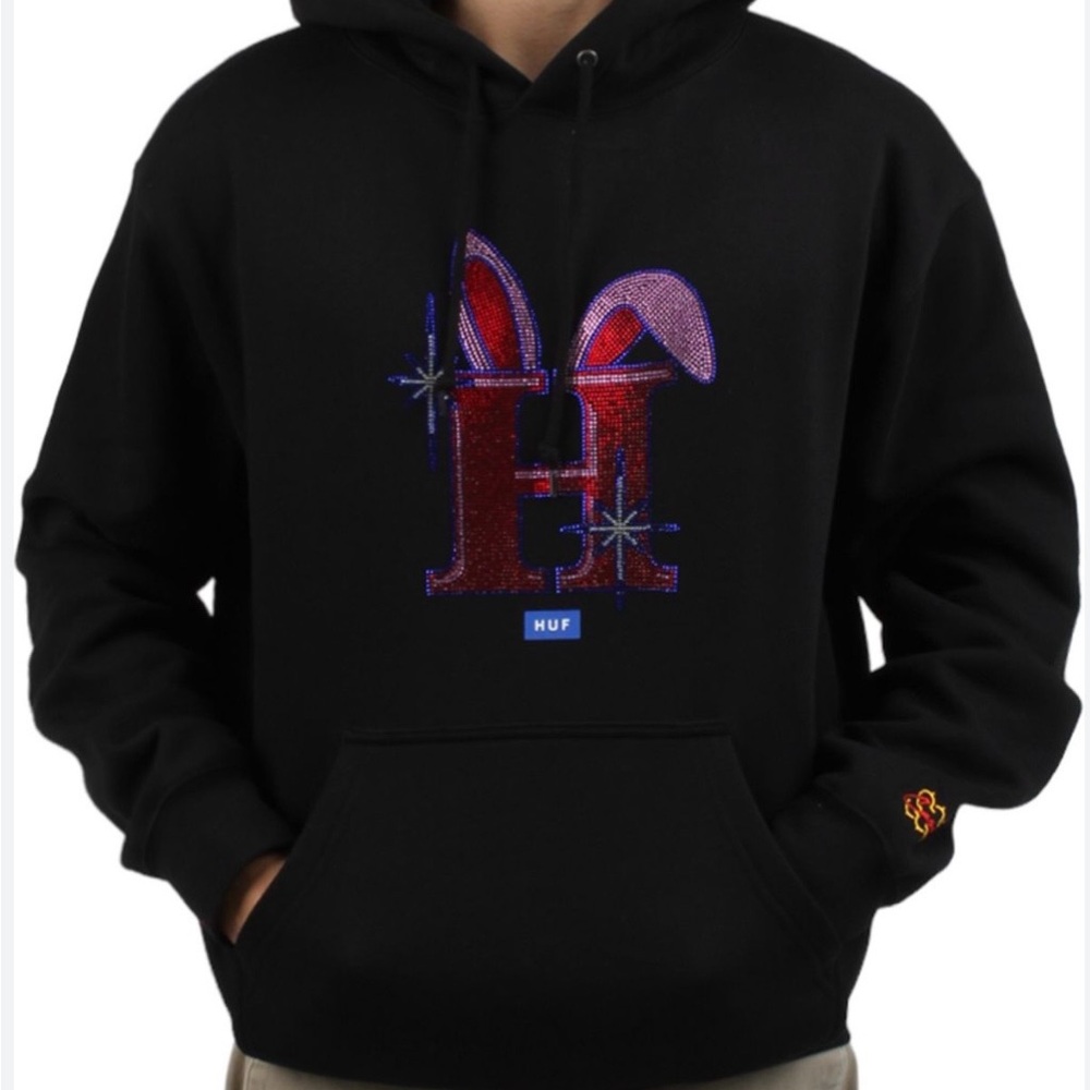 HUF x Freddie Gibbs Men’s Black Iced Out Pullover Drawstring Hoodie Sz S